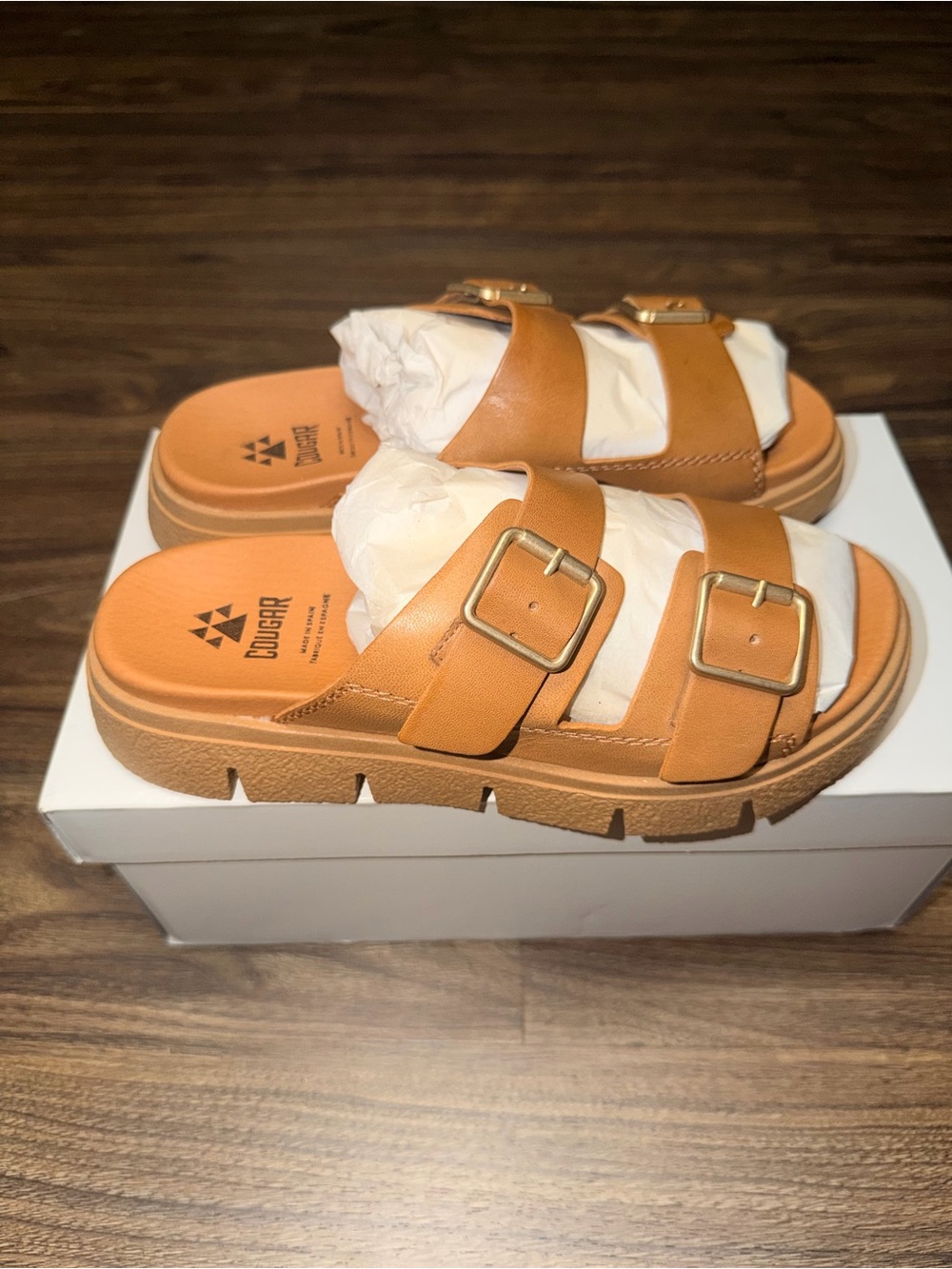 Cougar Tan Double-Buckle Platform Sandals - Picture 2 of 5